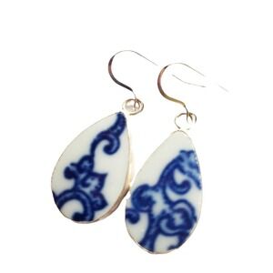 Ming Blue & White Chinoiserie Porcelain Teardrop Earrings Handmade Silver Tone